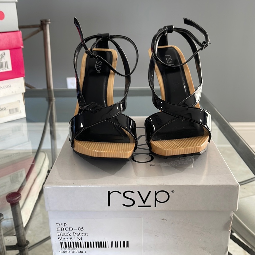 RSVP black patent square toe leather/wood heel strappy Slingback wedge.